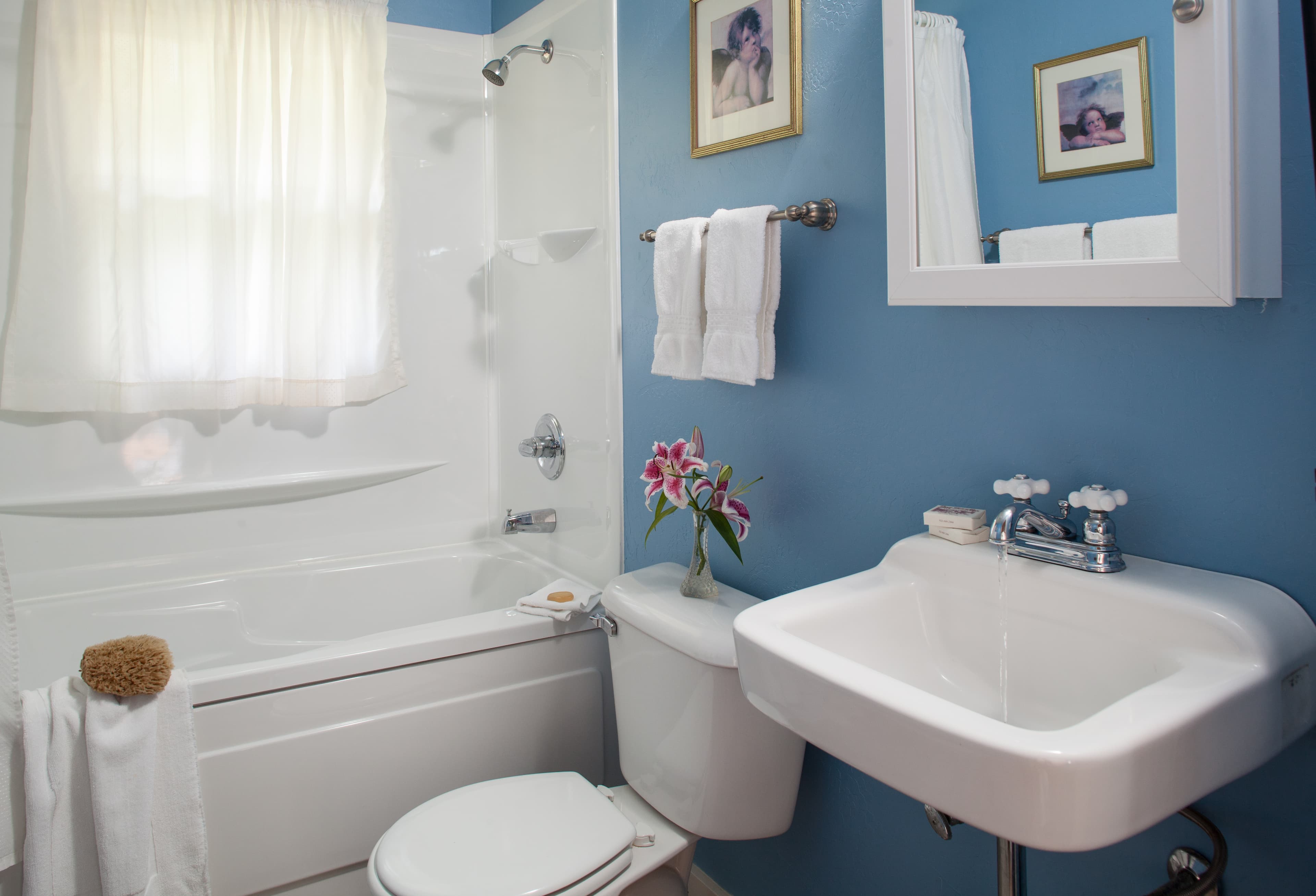 A vibrant blue bathroom with a white sink, toilet, bathtub with shower, and decorative accents.