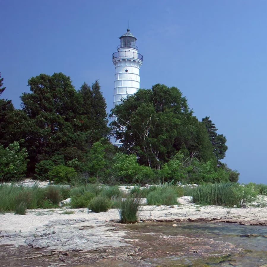 White lighthouse surrounded by trees on a rocky shore under a clear blue sky.